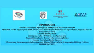 Τη θεατρική διασκευή της αριστοφανικής κωμωδίας «ΟΡΝΙΘΕΣ» παρουσιάζει το ΚΔΑΠ μεΑ «ΕΣΤΙΑ» Δήμου Ρόδου
