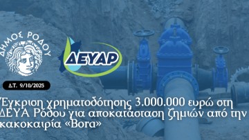 Έγκριση χρηματοδότησης 3.000.000 ευρώ στη ΔΕΥΑ Ρόδου για αποκατάσταση ζημιών από την κακοκαιρία “Bora”