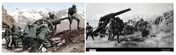 Πεδινό (δεξιά) και ορεινό πυροβολικό. Field (right) and mountain artillery.